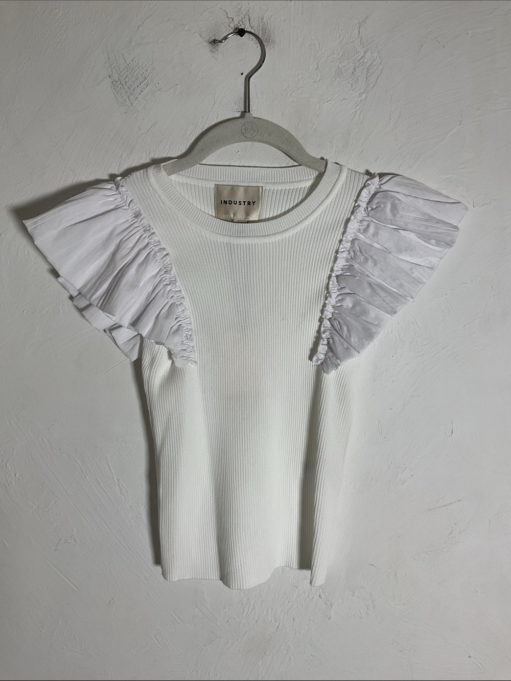 INDUSTRY Republic White Ribbed Knit Flutter Ruffle Sleeve Top, Size XS NWT